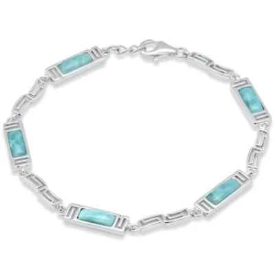 Brazalete Rectángulo Natural Larimar Diseño Griego .925 Plata de Ley 7.5" Ajuste Foto 1 de 2