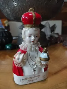 Scatola rosario preghiere quotidiane in ceramica bambino di Praga vintage anni 60. Bordo in pizzo - Foto 1 di 8