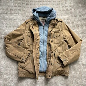 Levi's Utility Jacket Mens Small Faux Shearling Fur Lined Hooded Zip Tan Gray  - Picture 1 of 8