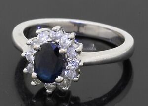 14K WG 1.16CTW diamond/7 X 5mm Oval Blue sapphire cluster cocktail ring size 6.5