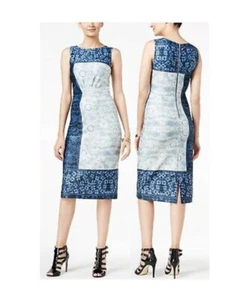  ECI blau Denim Print Stretch Scuba Etuikleid, 10R - BRANDNEU - Bild 1 von 6