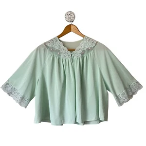 Vtg Shadowline Mint Green Cropped Bed Jacket Pajama Top Lace Trim Capelet Medium - Foto 1 di 10