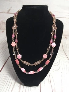 Vintage 2 Double Strand Beads Necklace Pink Flowers Retro Fun Mod Hipster - Picture 1 of 6