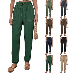Women's Elastic Waist Drawstring Tapered Pants Casual Solid Pocket Trousers - Picture 1 of 34