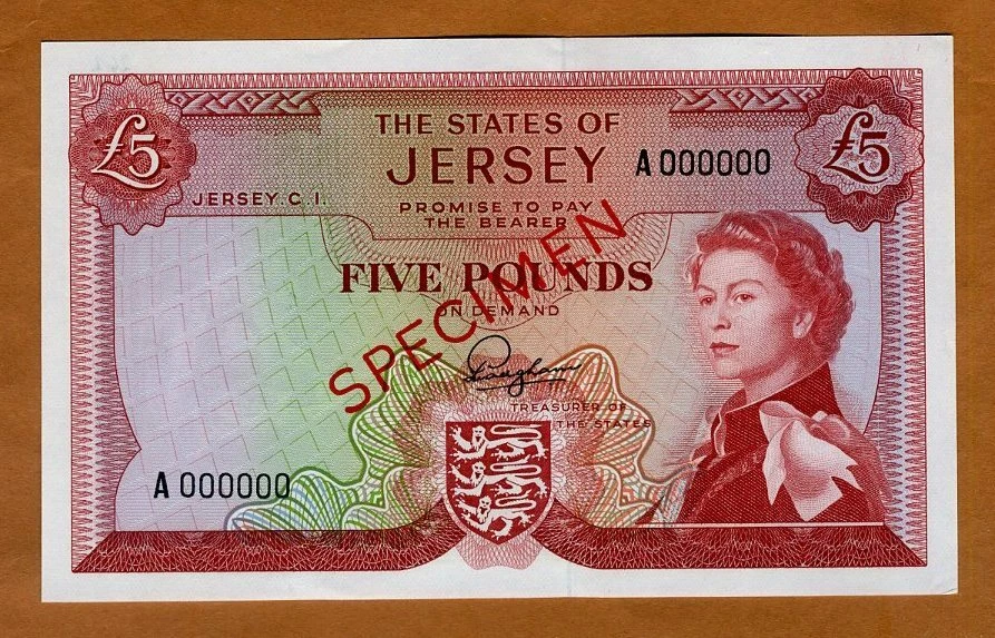 Jersey, SPECIMEN, 5 pounds, ND (1963), QEII, P-9s1, Sig. 1 UNC - Image 1 of 2