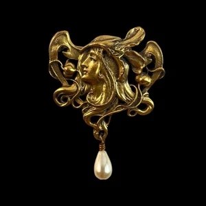 Alva Jugendstil Brosche Frau mit fließenden Haaren & Perlentropfen Lalique Stil - Bild 1 von 2