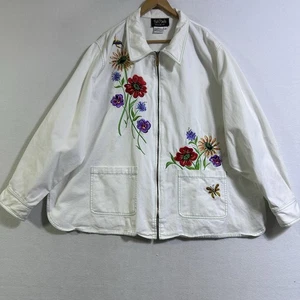 Bob Mackie Jacke Damen 3X weiß Denim bestickt Blumen Reißverschluss tragbar Kunst - Bild 1 von 8