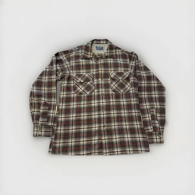 1950s Vintage Pendleton Loop Collar Shadow Plaid Wool Board Shirt USA Medium - Image 1 of 4