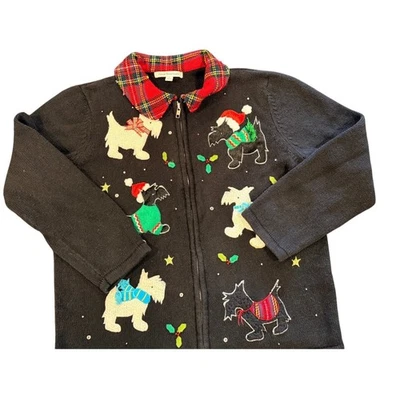 Suéter Mercer Street Studio Mujer Negro Scottie Perro Navidad Cremallera Talla L Foto 1 de 4