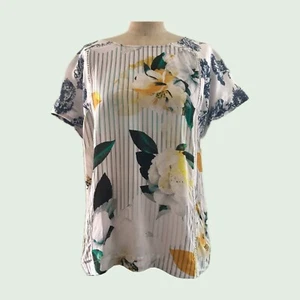 Anthropologie Neutral Floral Striped Short Sleeve Silk Top Blouse - 10 M - Picture 1 of 8