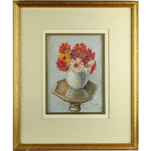 Original Framed Old Still Life Pastel Drawing Garden Red Yellow Peonies Ricketts - Picture 1 of 4
