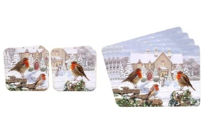 Christmas Robins Festive Set Of 4 Placemats Dining Table Or Matching Coasters - Picture 1 of 7