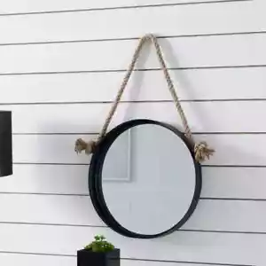 15in Black Iron Framed Round Accent Mirror with Hanging Rope - Picture 1 of 3
