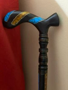 Ebony Carving Wood Canes Walking Sticks Inlaid Yellow Copper - Picture 1 of 7