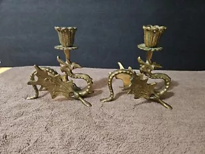 2 ANTIQUE GRIFFIN DRAGON WINGED BEAST BRONZE BRASS CANDLESTICKS CANDLEHOLDERS - Picture 1 of 9