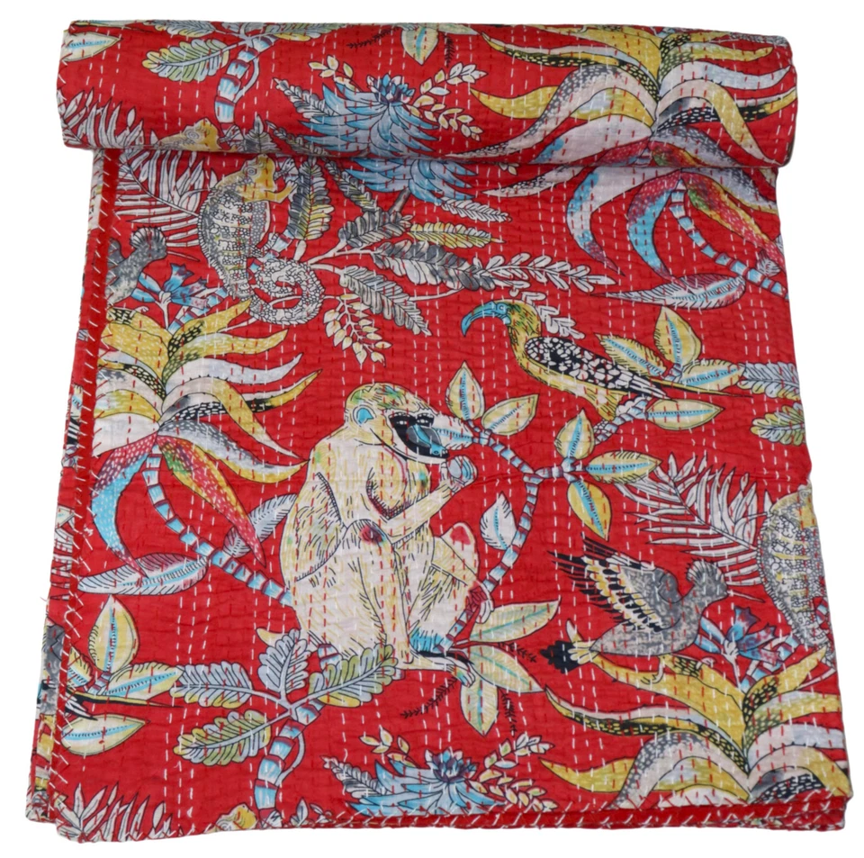 Indian Handwoven Monkey Print Cotton Kantha Quilt , Bedspread , Throw Blanket - Image 1 of 1