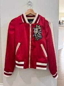 Maje Satin Bomber Jacket FR 36 Red Cream Floral Embroidery Varsity Rue St André - Foto 1 di 7