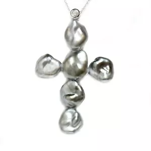 Tahitian Keshi Perle & Diamant Pia Kreuz Anhänger 14k Weißgold verstellbare Kette - Bild 1 von 3