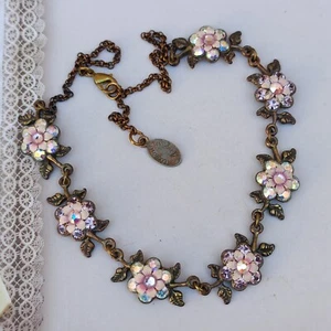 Michal Negrin Necklace Pink Flower and Aurora Borealis Swarovski Crystal Vintage - Picture 1 of 17
