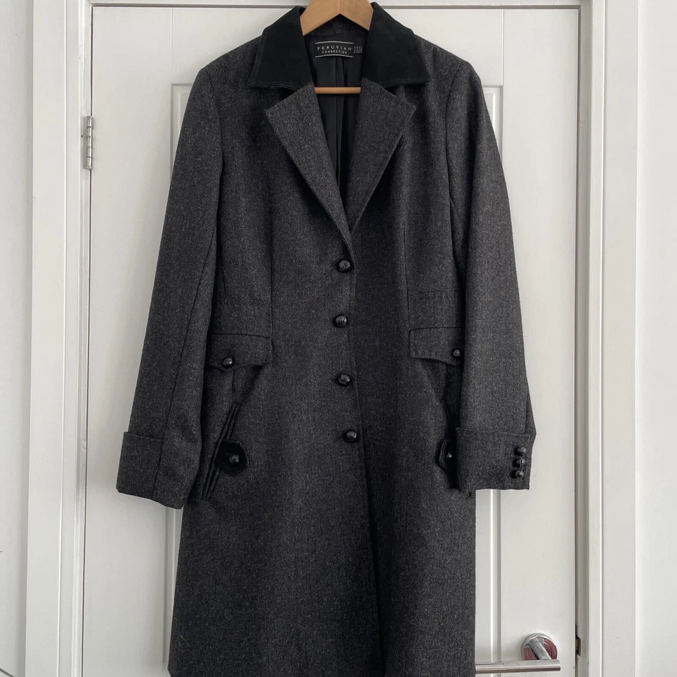 Peruvian Connection Coat Black Baby Alpaca Wool Mix Size 16 Uk Suede Collar - Image 1 of 4