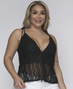 Solid Black LINED LACE Size 1XL Tank Top WOMENS PLUS Tie Shoulder Straps V NECK - Picture 1 of 4