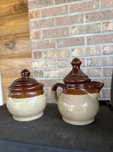 Vintage Stoneware Sugar Jar & Creamer Set Neutral Tan & Brown Retro Farmhouse - Picture 1 of 6