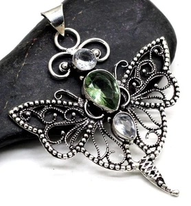 925 Sterling Silver Green Amethyst Gemstone Jewelry Butterfly Pendant S-2.10" - Picture 1 of 7