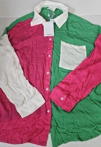 Andree by Unit Long Sleeve Lightweight Shirt Women Large Green Pink Buttondown - Picture 1 of 5