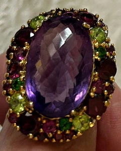 Large Natural Amethyst Ring Surrounded With Gemstones Sterling Silver Sz 9 - Picture 1 of 22