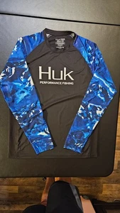 Huk Fishing Performance Long Sleeve Shirt Mens M Black Hydro Mossy Oak Blue Camo - Picture 1 of 12