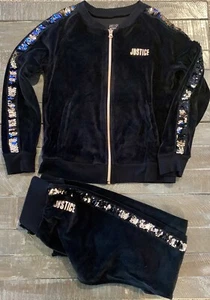 Girls Justice Active 2pc Black Velour Sequin Jogger Track Suit Set Size 8 / 10 - Picture 1 of 4