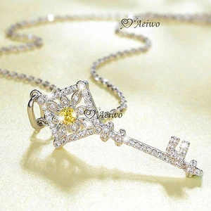 18K WHITE GOLD GF MADE WITH SWAROVSKI CRYSTAL KEY PENDANT CHAIN NECKLACE - Picture 1 of 4