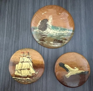 Vintage Seascape 3 Circle Wall Plaque Hand Painted Ship, Ocean, Seagull - Picture 1 of 5