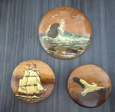 Placa de pared vintage de paisaje marino de 3 círculos pintada a mano barco, océano, gaviota Foto 1 de 4