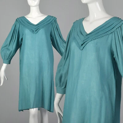 1980s Byblos Teal Tunic Dress Vintage Linen Cotton Blue Boho Bohemian Summer VTG - Image 1 of 4