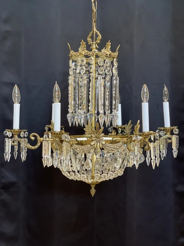 Antique Vintage French Victorian Brass Crystal Beaded Chandelier 9 Light Lustres Cover