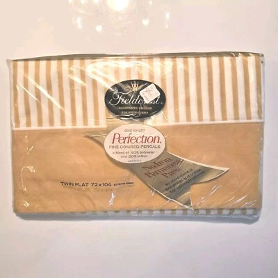 Vtg NOS Fieldcrest Twin Flat Sheet 70s Yellow Gold Stripe 72 X 104 In Percale - Image 1 of 4