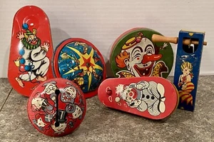Lot Of Six 1940’s 1950’s Vintage New Year’s Noise Makers Tin A Barone US Metal - Picture 1 of 10