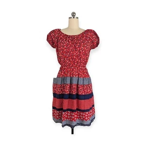 Vintage Dress Bandana Print Fit Flare Short Sleeve Patriotic July Navy Red M - Picture 1 of 11