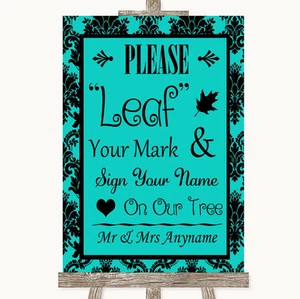 Turquoise Damask Fingerprint Tree Instructions Personalised Wedding Sign - Picture 1 of 8