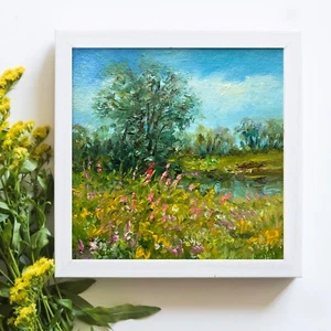 Summer landscape nature art Original oil painting meadow flowers 4x4inch so - Picture 1 of 6
