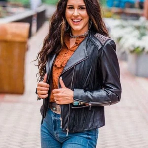 Scully beaded fringe black leather jacket moto western womens size large NEW NWT - Picture 1 of 9