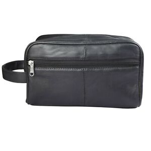 Real Leather Large Zipped WASH BAG Toiletries Travel Cosmetic Bag Pouch 