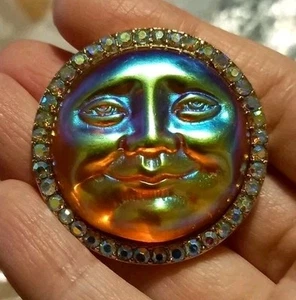 Seaview BROOCH MOONFACE Orange Red Sparkly BEAUTIFUL Fab VINTAGE STYLE - Picture 1 of 12