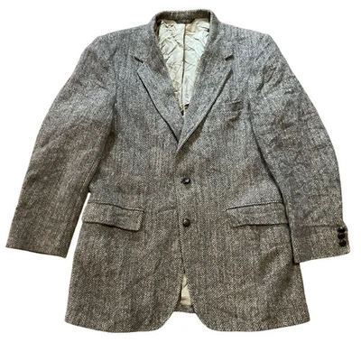 Blazer masculino vintage Roos Bros Harris tweed cinza espinha de peixe casaco esportivo 42L Scott - Imagem 1 de 4