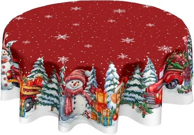 1 Pack 60” Christmas Round Tablecloth, Red Snowman Truck, Home Christmas Decor - Image 1 of 4