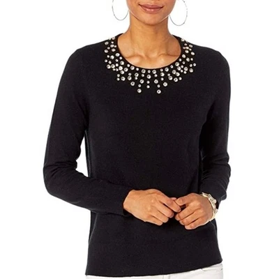 Suéter Lilly Pulitzer Odetta Diamantes de Imitación Lana Merino Cachemira Negro Talla S Foto 1 de 4