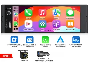1DIN 6.36" Touch Screen Car Stereo Radio Wireless Apple CarPlay Android Auto SWC - Picture 1 of 11