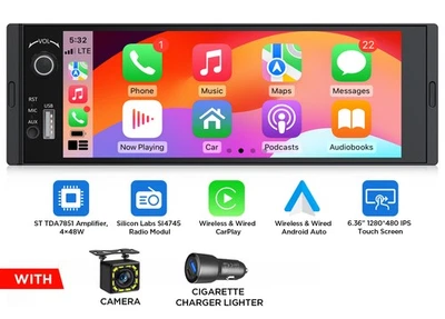 1DIN 6.36" Touch Screen Car Stereo Radio Wireless Apple CarPlay Android Auto SWC - Image 1 of 4