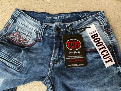 Cowgirl Tuff Jeans Western Womens 25x32” Never Give Up Boot Cut Blue Jeans New - Image 1 of 4